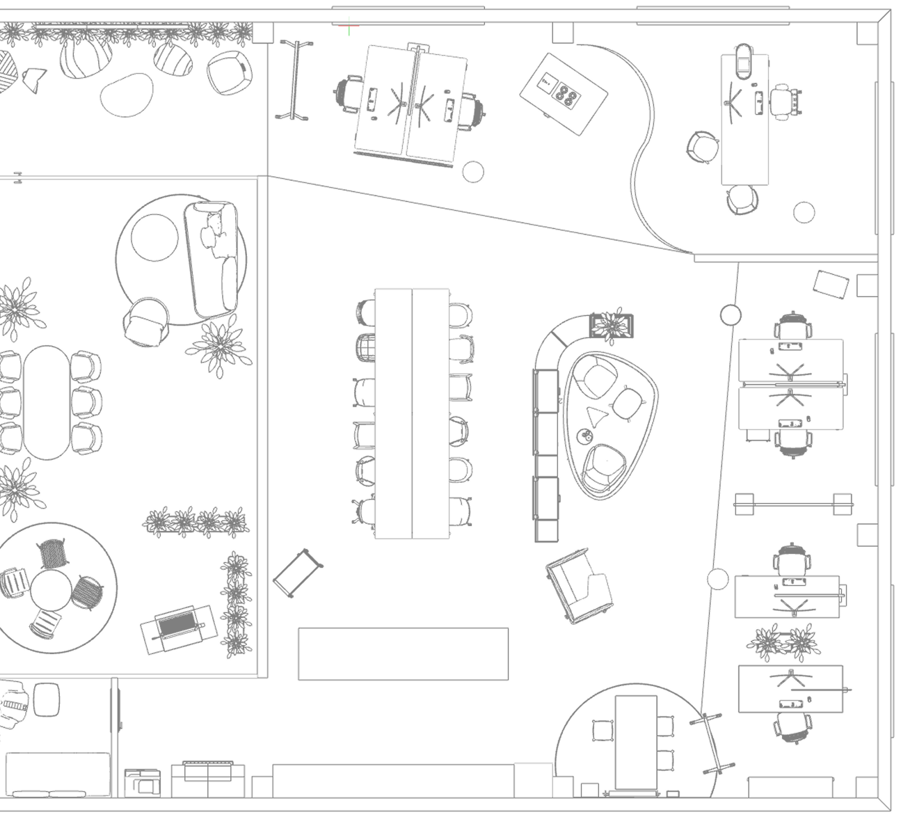 Grundriss eines modernen Büros mit Schreibtischen, Konferenztischen, Lounge-Bereichen mit Sofas und Stühlen, Topfpflanzen und einem geschwungenen Weg, der auf eine offene, kollaborative Arbeitsumgebung hinweist.