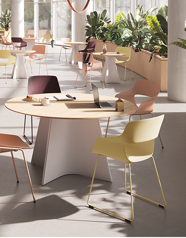 Ein modernes, sonnendurchflutetes Café mit runden Holztischen, pastellfarbenen Stühlen, einem Laptop, einem Notebook und Kaffeetassen. Große Fenster und viele Grünpflanzen säumen den Hintergrund und schaffen eine helle, einladende Atmosphäre.