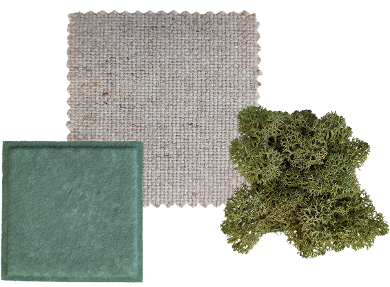 Drei Objekte: ein quadratisches Muster aus strukturiertem beigem Stoff oben, ein quadratisches Stück grüner Filz oder ähnliches Material unten links und ein Büschel grünes Moos unten rechts, alle auf weißem Hintergrund.